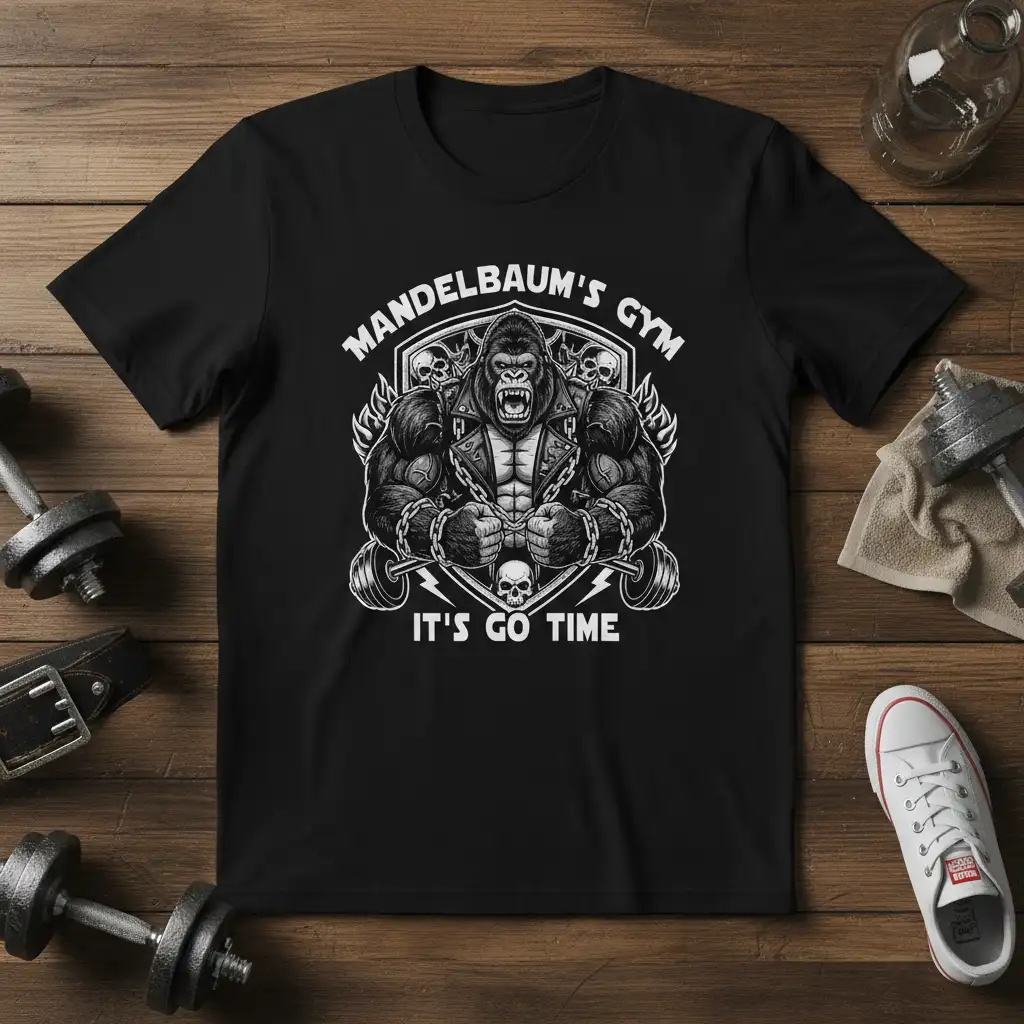 Mandelbaum's Gym It's Go Time t-shirt with a fierce gorilla graphic and motivational text for fitness enthusiasts