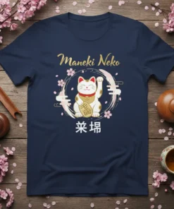 Navy blue t-shirt with a Maneki Neko cat design in a circle, featuring Japanese text and cherry blossoms