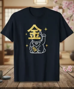 Maneki Neko Lucky Cat Gold Symbol creative graphic design printed on comfortable cotton t-shirt