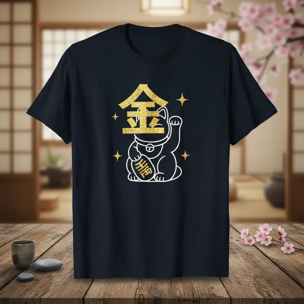 Maneki Neko Lucky Cat Gold Symbol bold typography printed on durable material creating a standout t-shirt