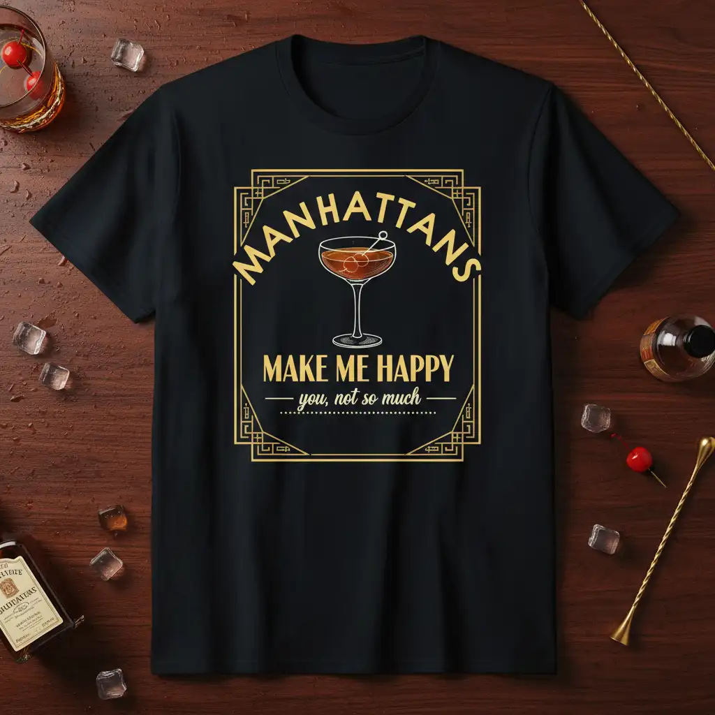 Manhattans Make Me Happy You Not So Much humorous quote with cocktail graphic on t-shirt