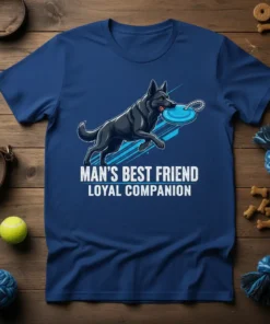 Man's Best Friend Loyal Companion T-Shirt with a German Shepherd dog catching a frisbee