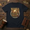 MANSA t-shirt design featuring three traditional African musicians playing instruments with a sunset and acacia trees in the background