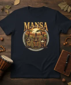MANSA t-shirt design featuring three traditional African musicians playing instruments with a sunset and acacia trees in the background