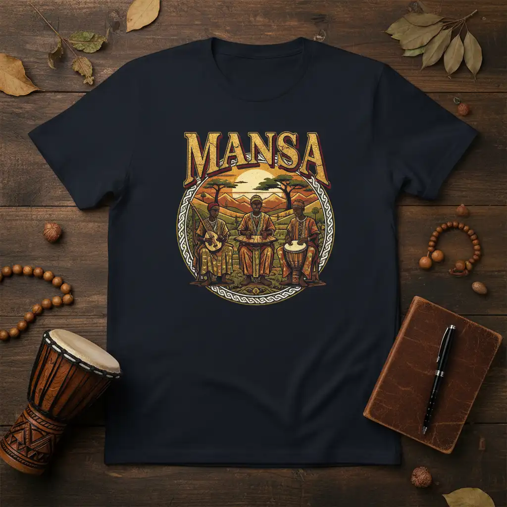 MANSA text and traditional African musicians playing instruments on a sunset landscape t-shirt graphic