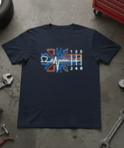 Manual Transmission Heartbeat T-Shirt design featuring a circuit board pattern, heartbeat EKG line, and a gear shifter graphic with numbers