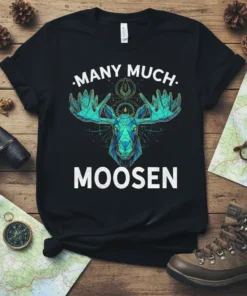 Geometric moose design with "Many Much Moosen" text on a black t-shirt, perfect for wilderness lovers