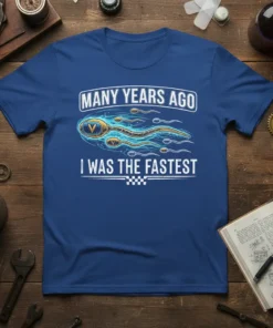 "Many Years Ago I Was The Fastest" text design with sperm graphic on a blue t-shirt, humorously referencing dad's past