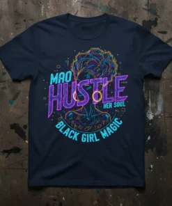 MAO Hustle Her Soul Black Girl Magic t-shirt with neon outline of a woman wearing a headwrap and large hoop
