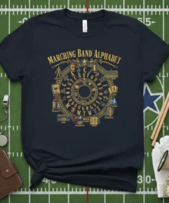 Marching Band Alphabet T-Shirt featuring a circular design with letters A-Z and related marching band imagery