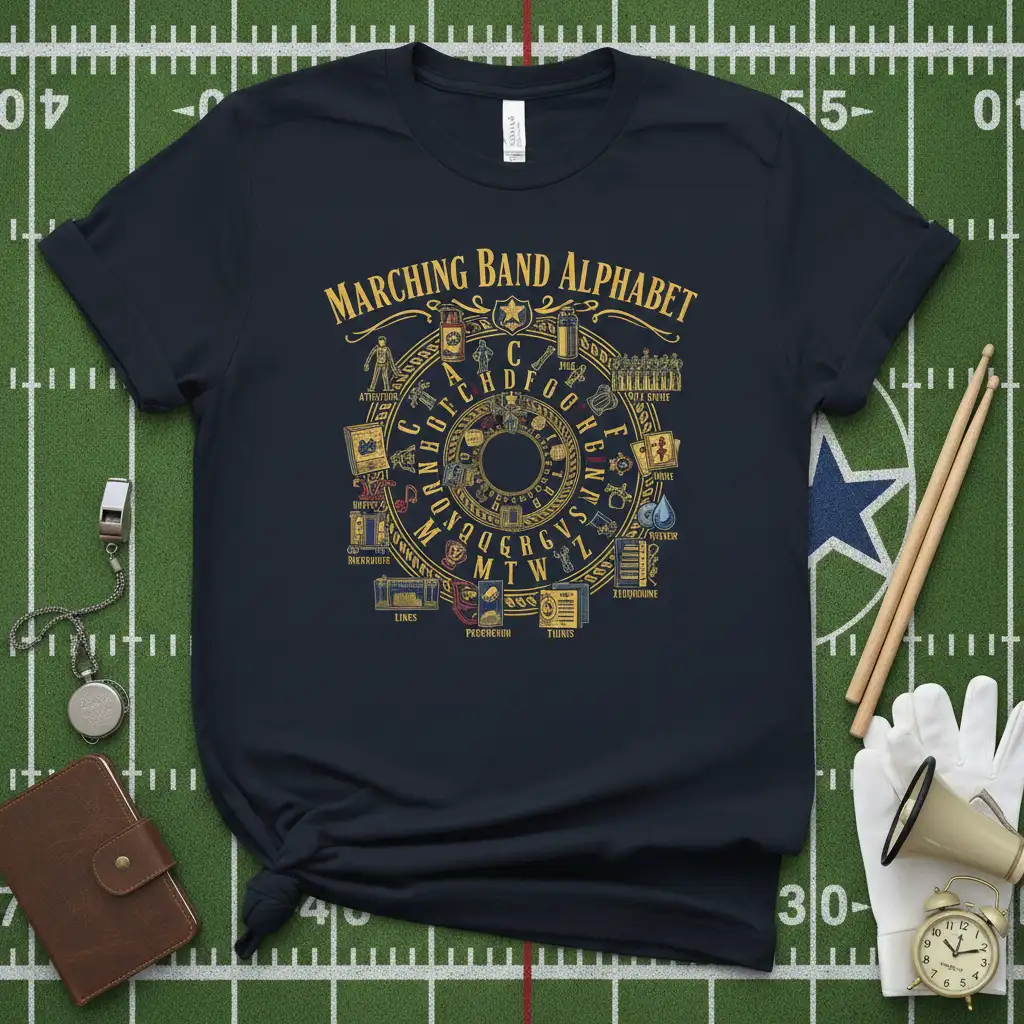 Marching Band Alphabet T-Shirt with circular A-Z design and musical term illustrations