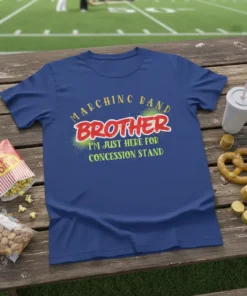 Blue t-shirt with text "Marching Band Brother I'm Just Here For Concession Stand" in bold font