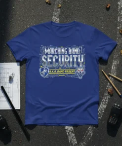 Marching Band Security A.K.A. Band Parent text with a wolf graphic on a blue t-shirt