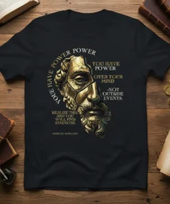 Black t-shirt with gold text and a stoic bust graphic featuring the Marcus Aurelius quote "You Have Power Over Your