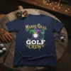 Mardi Gras Golf Crew t-shirt design featuring a golf ball under a jester's hat with golf clubs and festive confetti