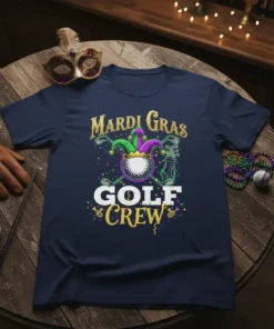 Mardi Gras Golf Crew t-shirt design featuring a golf ball under a jester's hat with golf clubs and festive confetti