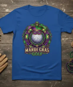 Mardi Gras Golf T-Shirt design featuring a golf ball with a Mardi Gras mask and festive green and purple ornate