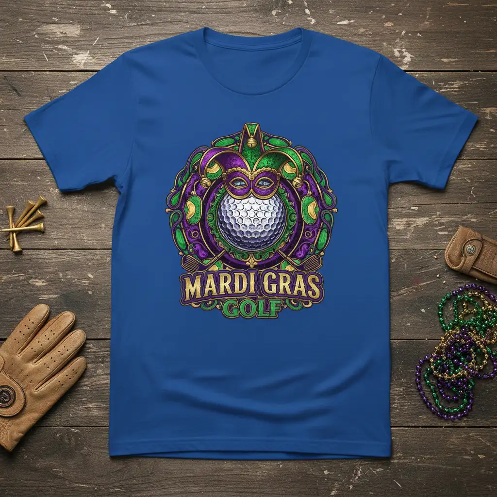 Mardi Gras Golf design with a masked golf ball and festive purple and green border, perfect for holiday golf apparel