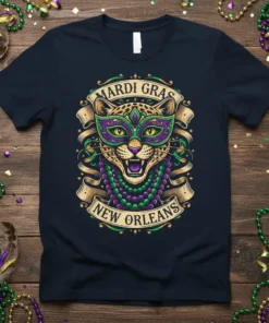 Mardi Gras New Orleans t-shirt featuring a stylized leopard wearing a mask and beads
