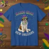 Mardi Gras New Orleans t-shirt featuring a St. Bernard dog wearing festive beads and mask, surrounded by confetti