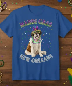 Mardi Gras New Orleans t-shirt featuring a St. Bernard dog wearing festive beads and mask, surrounded by confetti