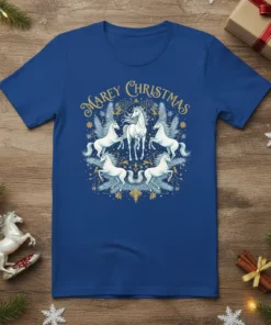 Marey Christmas text with five white horses in a circle, surrounded by festive winter foliage and gold accents, on a