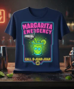Margarita Emergency Call 9-Juan-Juan T-Shirt design with neon border, cocktail being poured, and alarm bell graphic