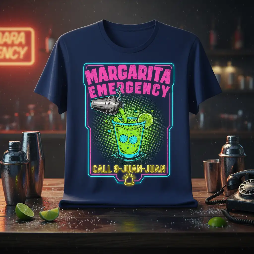 Margarita Emergency Call 9-Juan-Juan humorous cocktail quote t-shirt design with neon accents