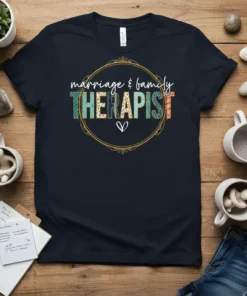 Marriage & Family Therapist t-shirt with decorative circle and colorful patterned letters spelling THERAPIST