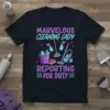Marvelous Cleaning Lady Reporting For Duty text with cleaning supplies graphic on a navy t-shirt