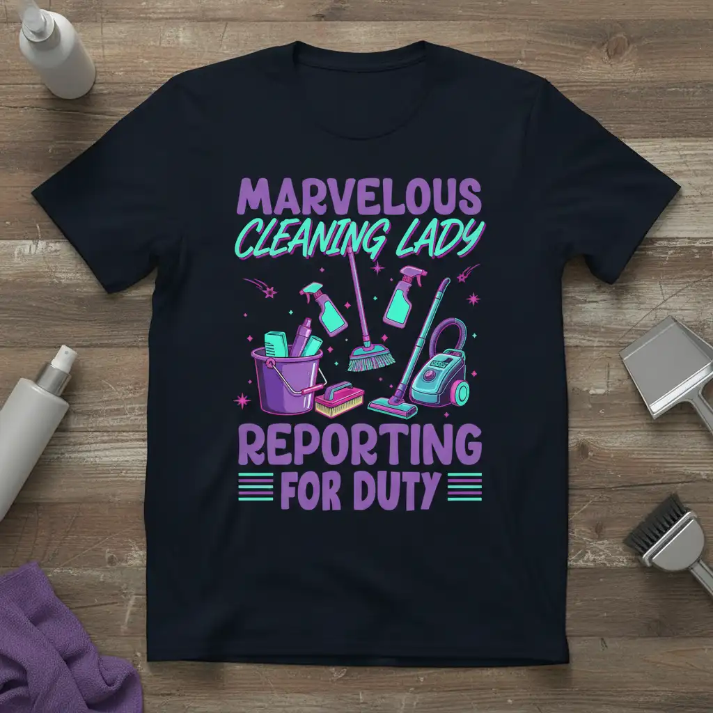 Marvelous Cleaning Lady Reporting For Duty quote with cleaning tools illustration on a t-shirt