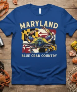 Maryland Blue Crab Country T-Shirt featuring a blue crab and the Maryland flag design