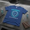 Blue t-shirt with "MASK REQUIRED AND YES, THAT INCLUDES YOU" text and a shield graphic of a person wearing a