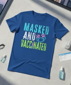Text "Masked and Vaccinated" with a face mask and syringe graphic on a blue t-shirt
