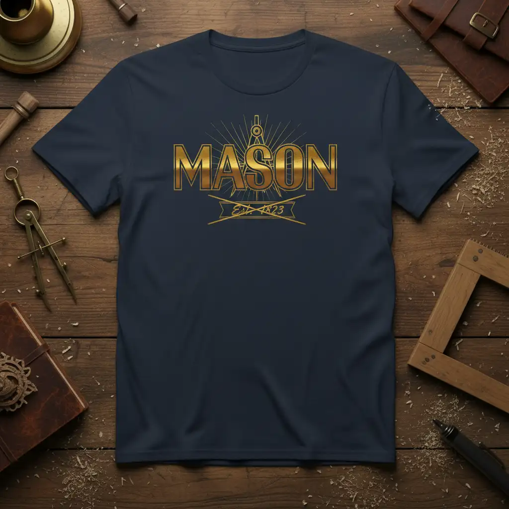 MASON Est. 1823 design with gold lettering and Masonic compass emblem