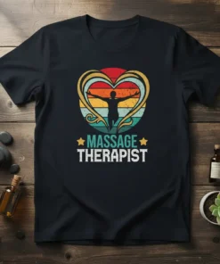 Retro heart sunset graphic tee with "Massage Therapist" text, featuring a silhouette and stars