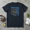 Massage Therapist T-Shirt with vertical text and hand graphic, featuring gold lotus and blue accents