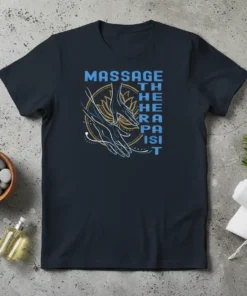 Massage Therapist T-Shirt with vertical text and hand graphic, featuring gold lotus and blue accents