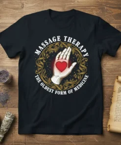 Massage Therapy The Oldest Form of Medicine quote with a hand holding a heart graphic on a black t-shirt
