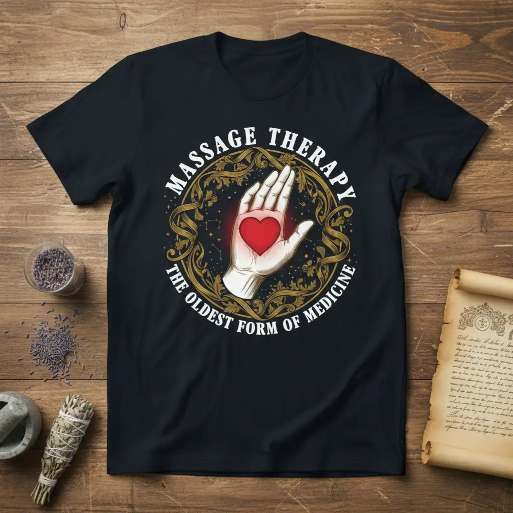 Massage Therapy The Oldest Form of Medicine quote with hand and heart graphic on a dark t-shirt