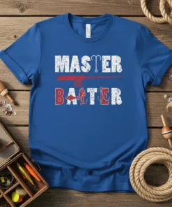 Master Baiter fishing t-shirt with fishing rod, hook, fish, and anchor graphics