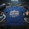 Master Builder text design with geometric shapes and city skyline graphic on a navy blue t-shirt