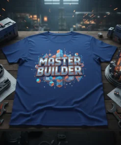 Master Builder text design with geometric shapes and city skyline graphic on a navy blue t-shirt