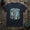 Master of Flows T-Shirt with skeleton graphic holding wrench and AC unit, ideal for HVAC technicians and plumbers