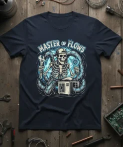 Master of Flows T-Shirt with skeleton graphic holding wrench and AC unit, ideal for HVAC technicians and plumbers