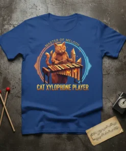 Master of Melody Cat Xylophone Player design with geometric cat playing xylophone, surrounded by neon circle and crystals