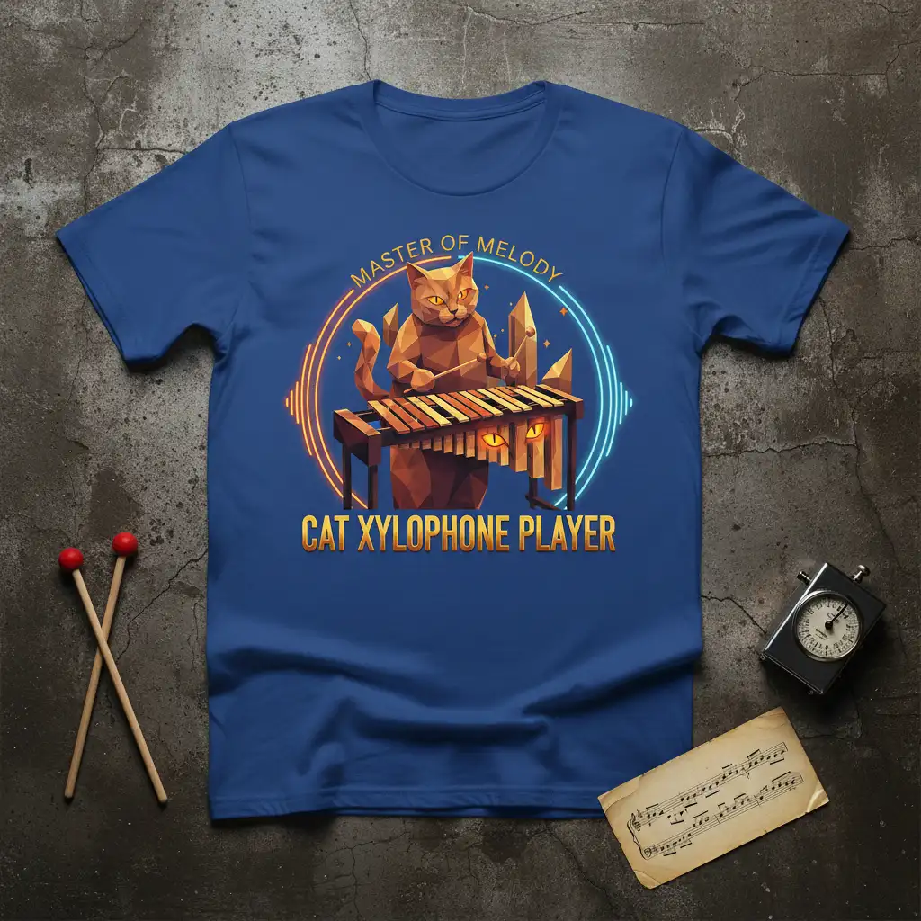 Geometric cat playing xylophone, titled Master of Melody Cat Xylophone Player, surrounded by neon and crystal elements