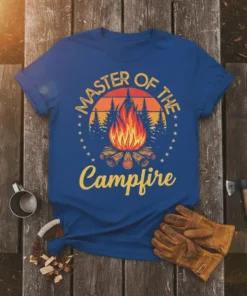 Blue t-shirt with "Master of the Campfire" text and a vintage campfire graphic, perfect for camping lovers