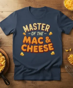 Master of the Mac & Cheese text with dripping cheese effect, surrounded by cheese graphics on a navy t-shirt