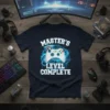 Master's Level Complete graduation t-shirt with controller graphic and cap, perfect for gamers